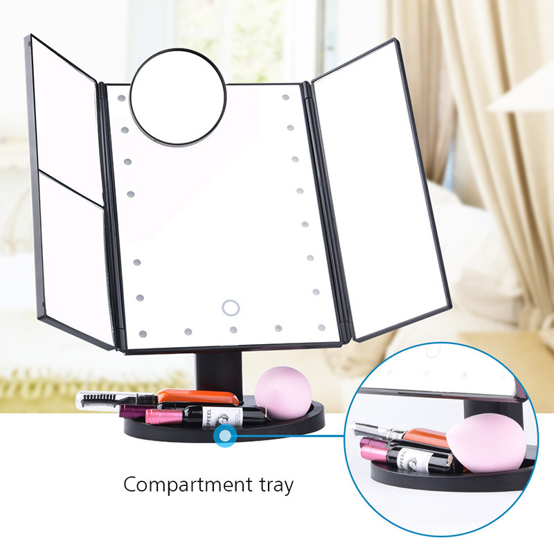 LED trifle makeup mirrors, triple folding of desktop room dressing mirrors with smart headlights.