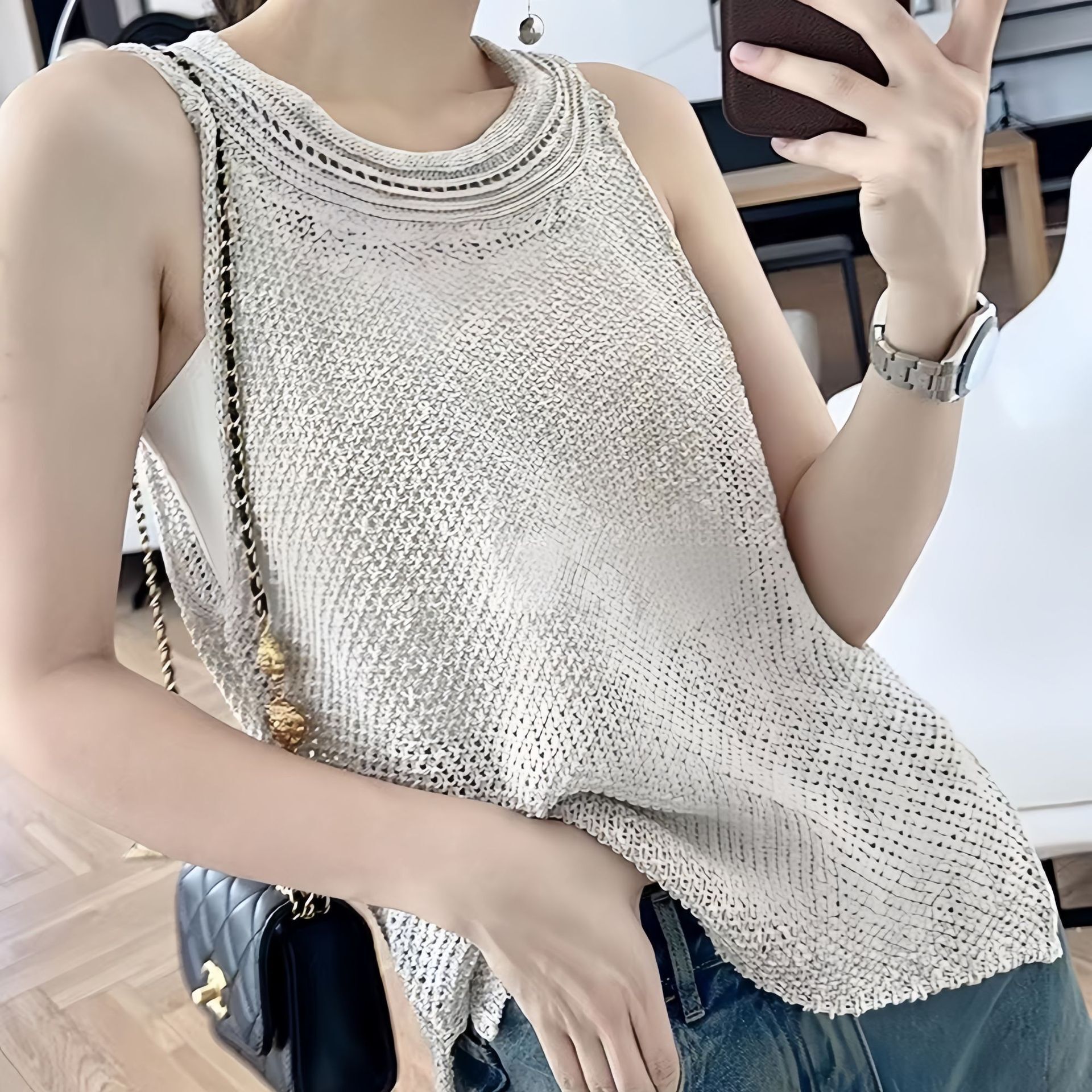 Áo len Pháp mới, gái áo vest trống, thiết kế yến mạch mùa hè, áo ngắn.