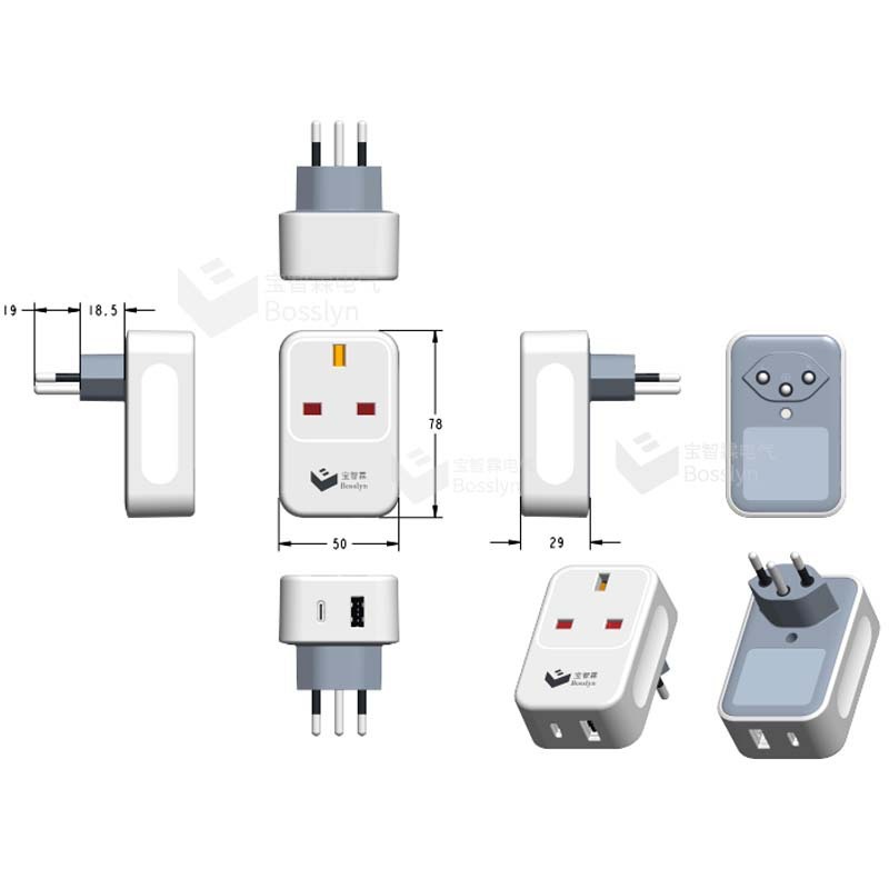 New grinder Swiss-English conversion plug 1 type-c+1USB-A English-to-Switzerland plug converter