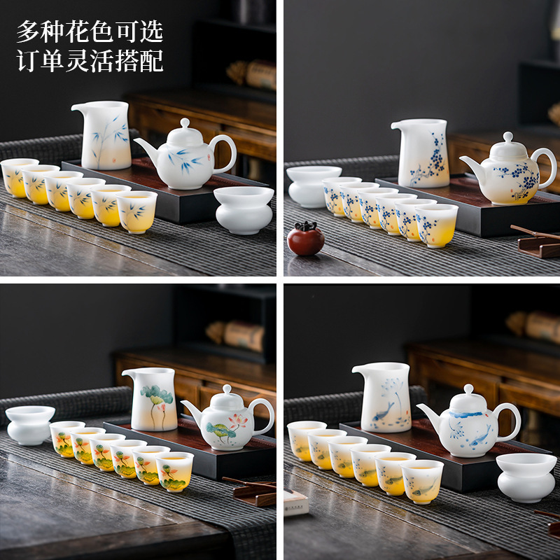 茗枝 手绘冰种玉瓷德化家用茶壶茶杯全套功夫茶具套装批发礼品