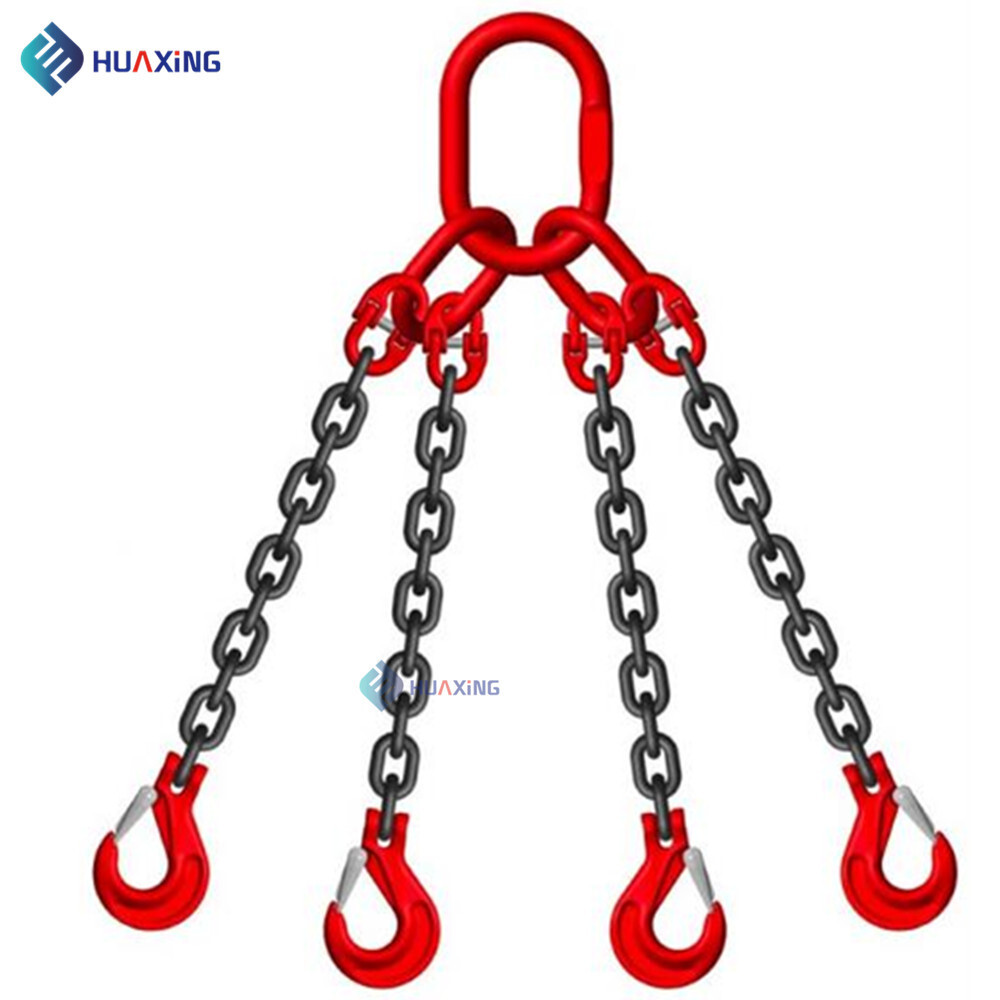 Triple limbs and limbs of a set of lifting chain hulls attached to a ring of 80 manganese steel lifting hooks.