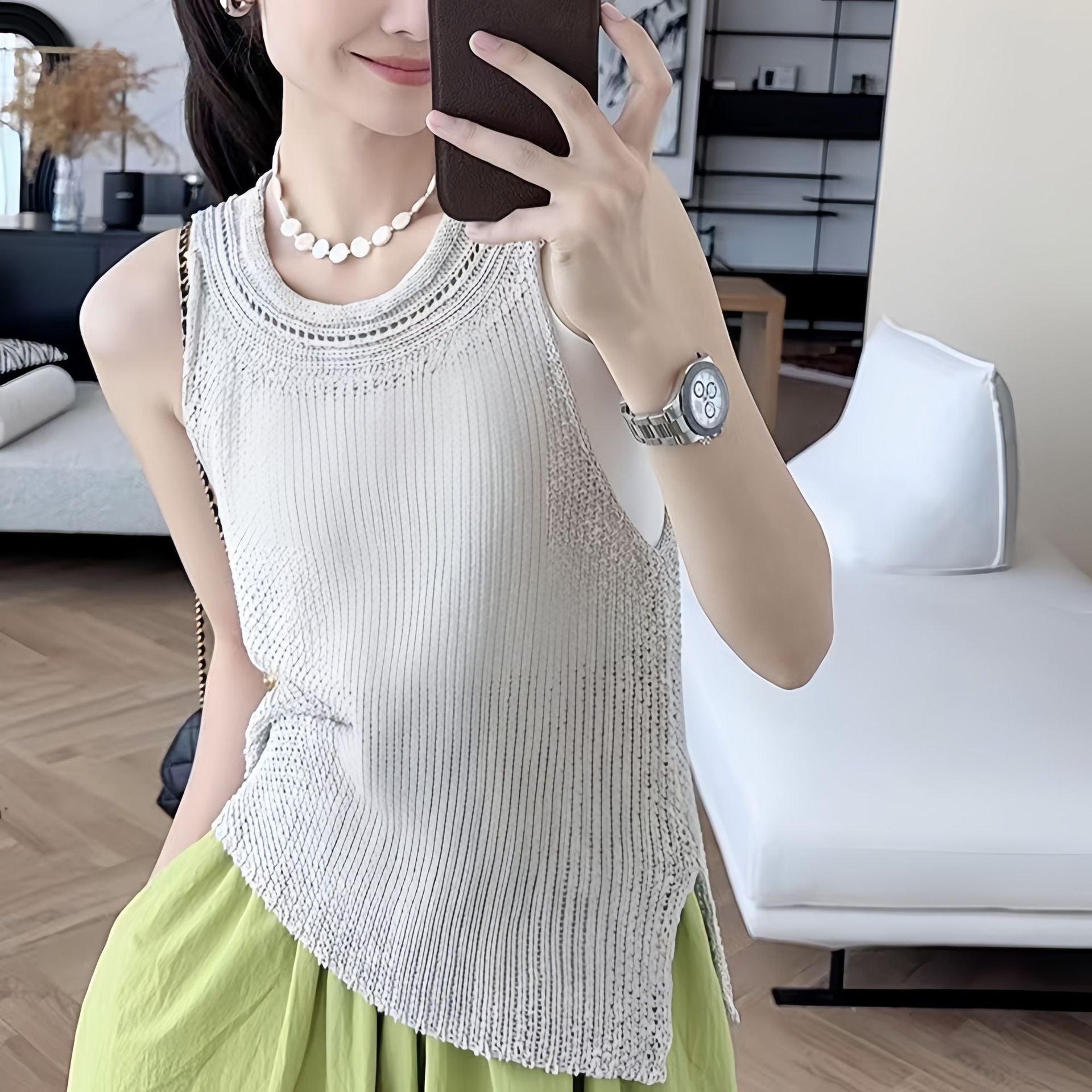 Áo len Pháp mới, gái áo vest trống, thiết kế yến mạch mùa hè, áo ngắn.