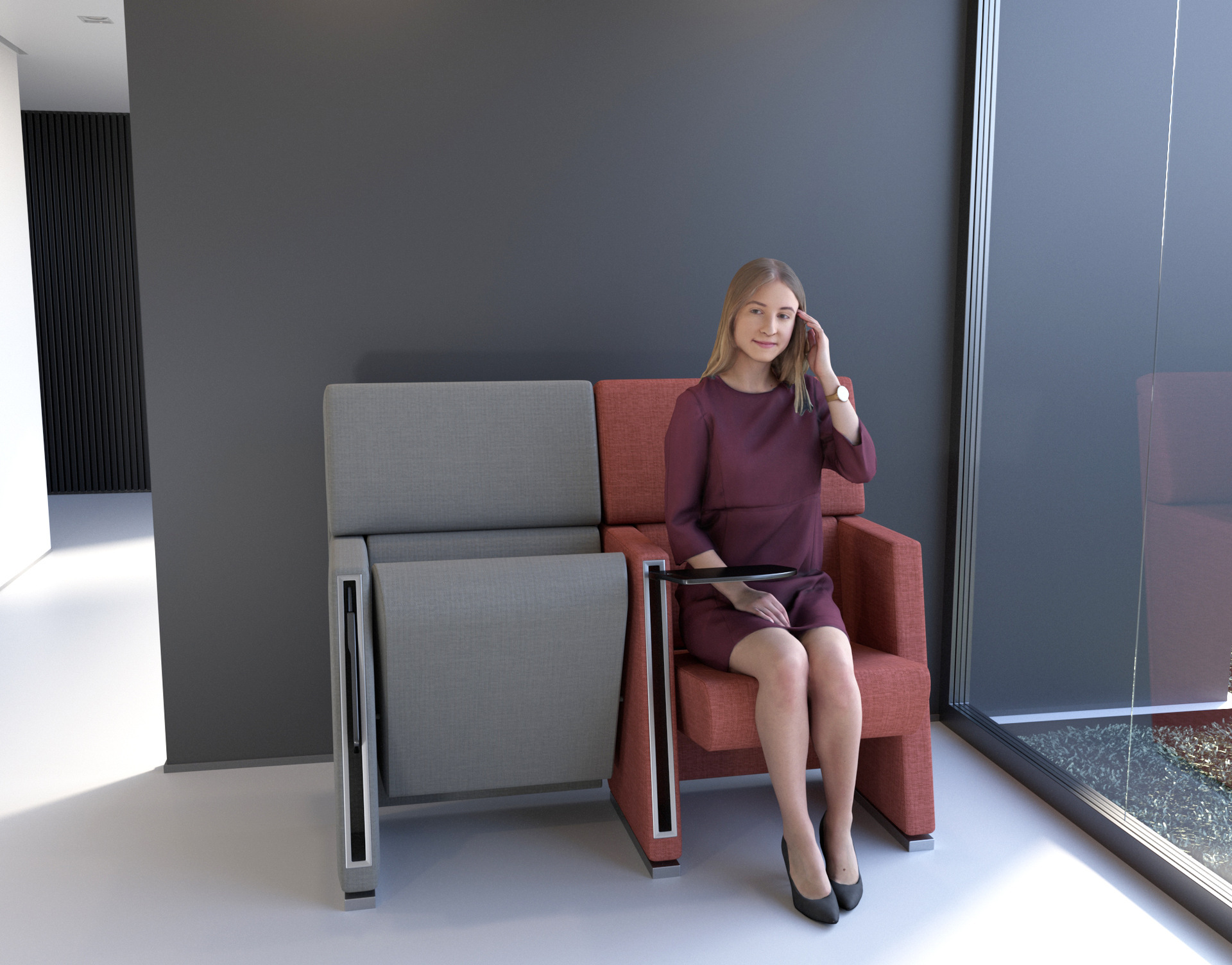 The chair of the small luxurious auditorium with a hand-written board.