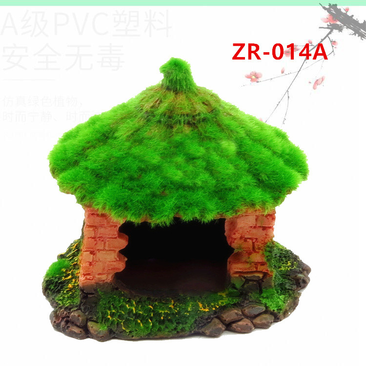 Các thủy cung nhựa nhìn vào bể cá và trang trí những vịnh tôm và bình hoa để trốn trong nhà. Cái lỗ nhỏ trên cây.