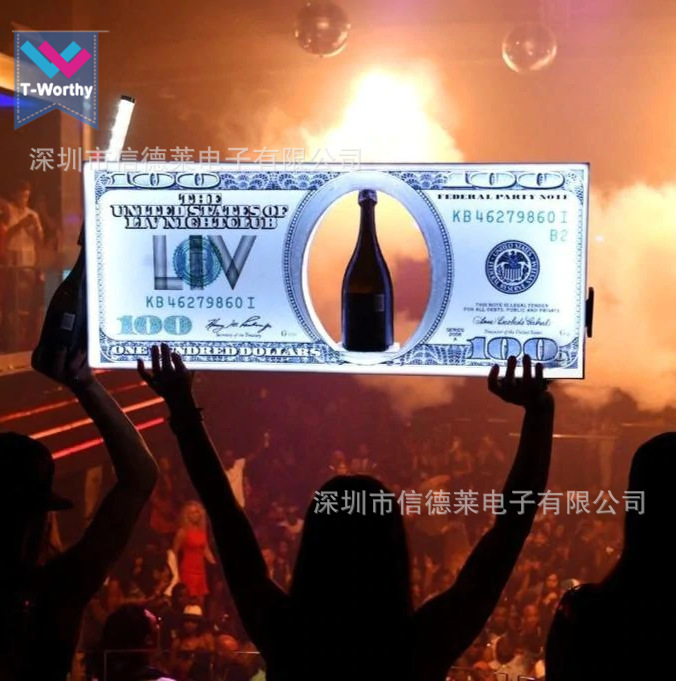 酒吧发光美金举牌 100美元香槟出酒酒具 KTV夜场氛围道具发光酒座