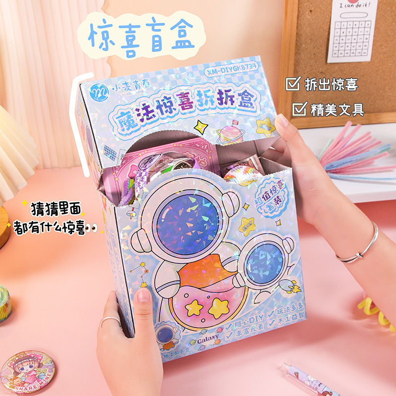 Sự ngạc nhiên kỳ diệu để mở chiếc hộp với cái túi mù đầy những cuốn sổ tay và món quà của sinh viên với cái túi xách.