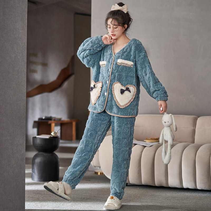 Màu xanh pyjama chất lượng cao và ấm để mặc quần áo nhà vào mùa đông mùa thu.
