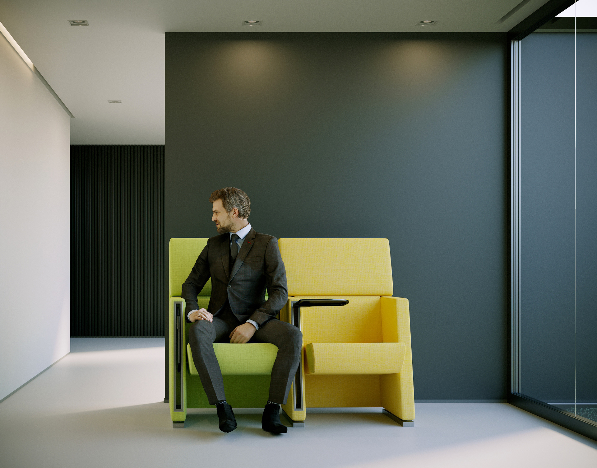 The chair of the small luxurious auditorium with a hand-written board.