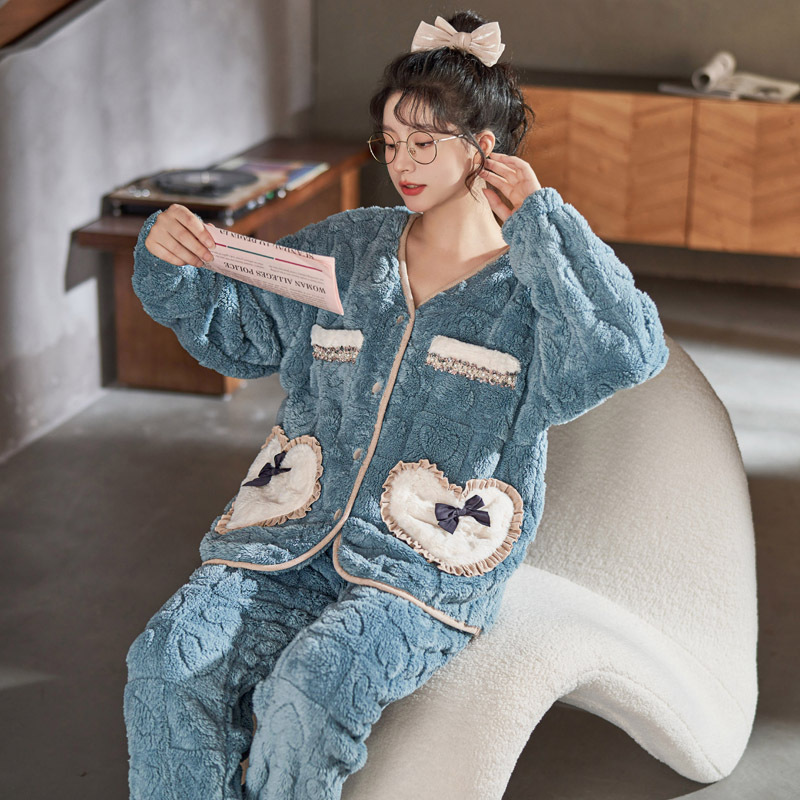Màu xanh pyjama chất lượng cao và ấm để mặc quần áo nhà vào mùa đông mùa thu.