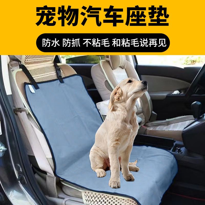 Chiếc xe chở thú cưng có xe của chó với một con Teddy vàng ngồi ghế trước và một miếng đệm chống thấm một tầng.