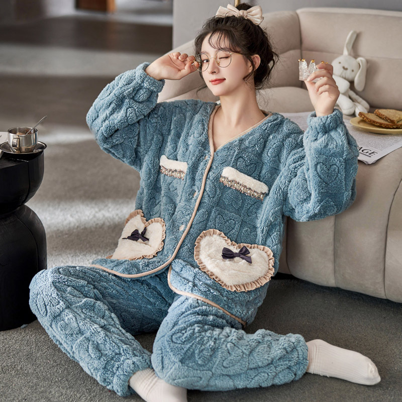 Màu xanh pyjama chất lượng cao và ấm để mặc quần áo nhà vào mùa đông mùa thu.