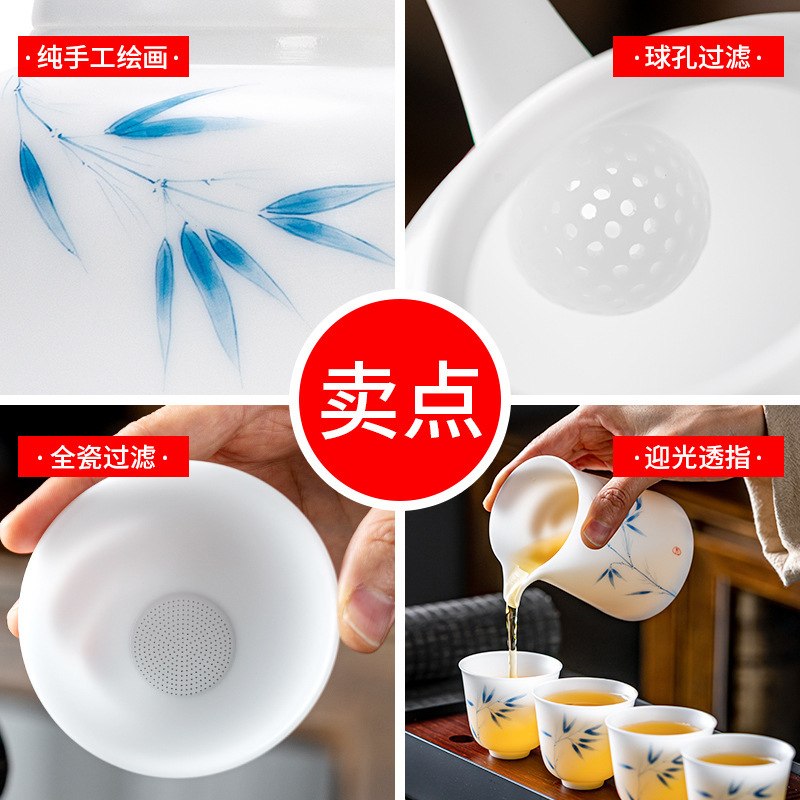 茗枝 手绘冰种玉瓷德化家用茶壶茶杯全套功夫茶具套装批发礼品