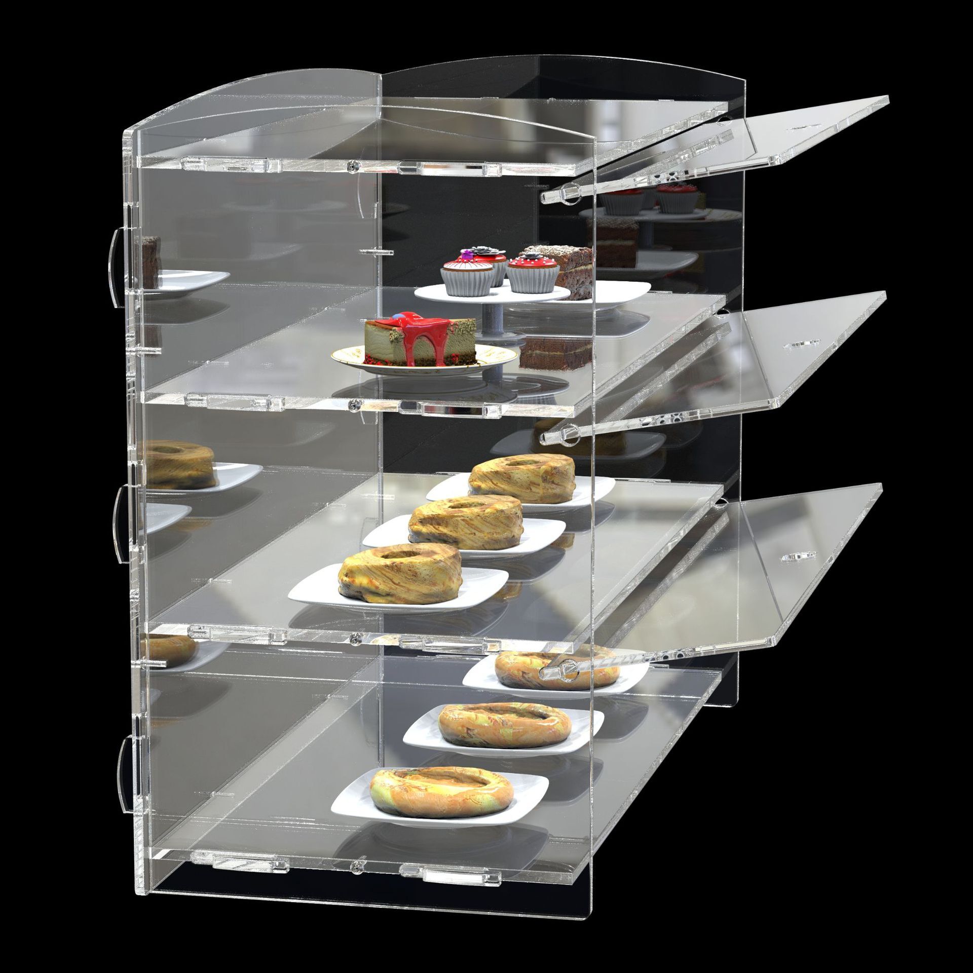 Cross-border transparency of the Akli Bread Shower, multi-layered foods for cake displays