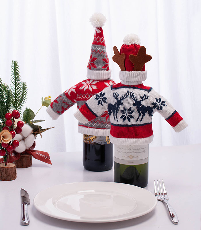 A table decorating device, a mini-dressed wine bottle, a Christmas decorated pin, and a champagne wine bag.