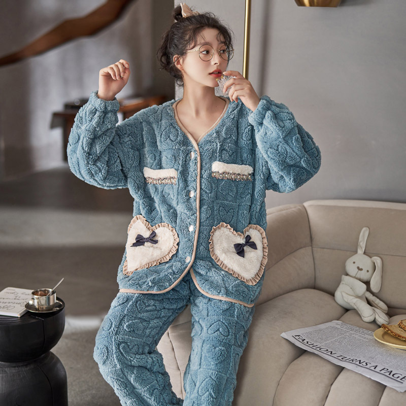 Màu xanh pyjama chất lượng cao và ấm để mặc quần áo nhà vào mùa đông mùa thu.
