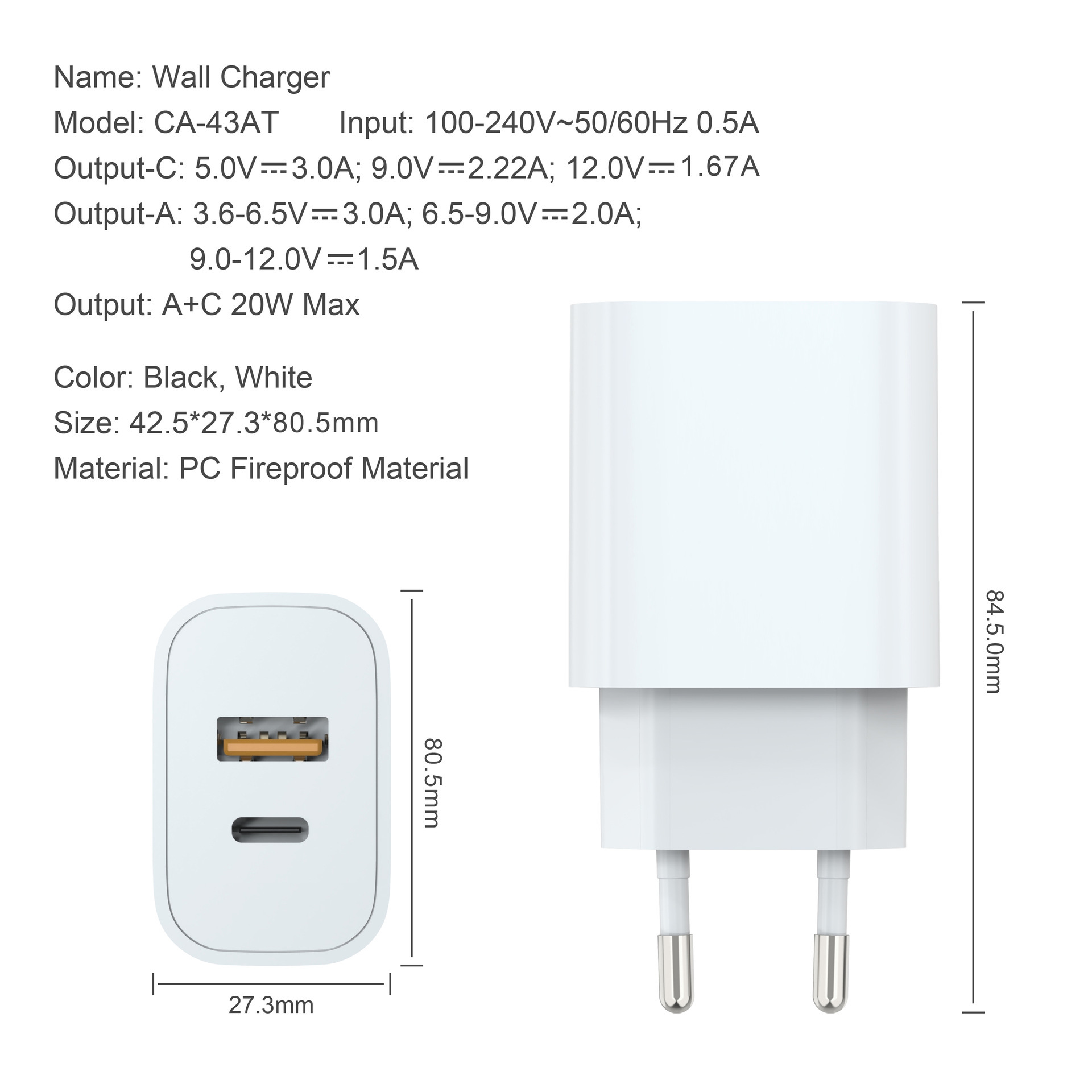 Bộ sạc nhanh A+C PD20W xuyên biên giới có ba chân thông qua bộ chuyển đổi được chứng nhận CE bán buôn