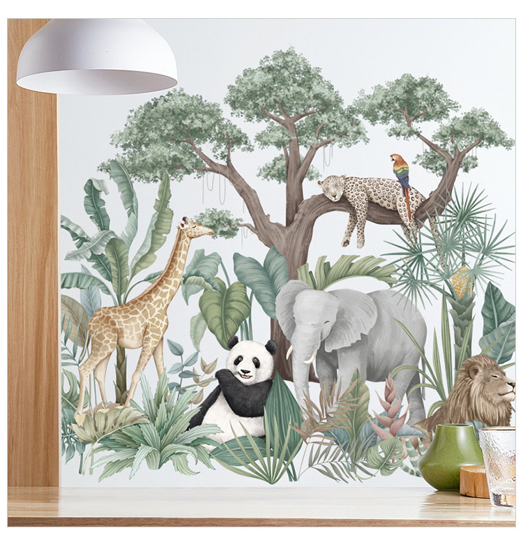 Bức tường nhiệt đới chống lại hươu cao cổ voi và phòng sư tử của trẻ em dạy nền của bức tường