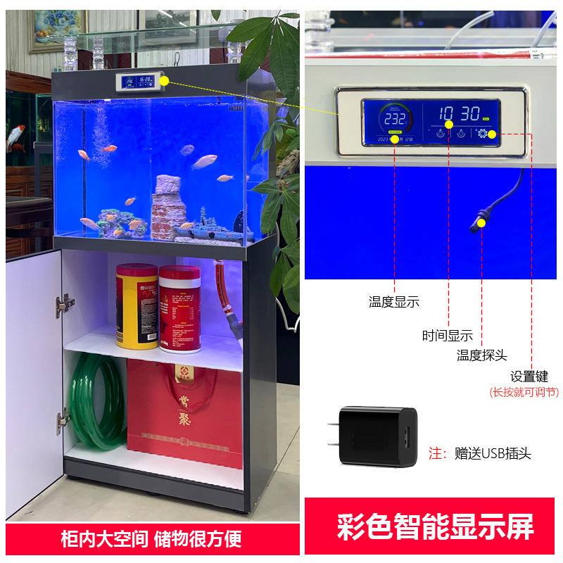 Một bể cá vàng cỡ trung bình với một bể cá nhỏ ở phòng khách.