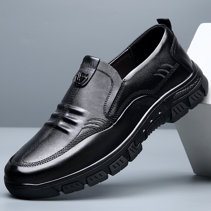 A man with leather shoes, a man with mid-life dad shoes, a man with a soft-sliding shoe.