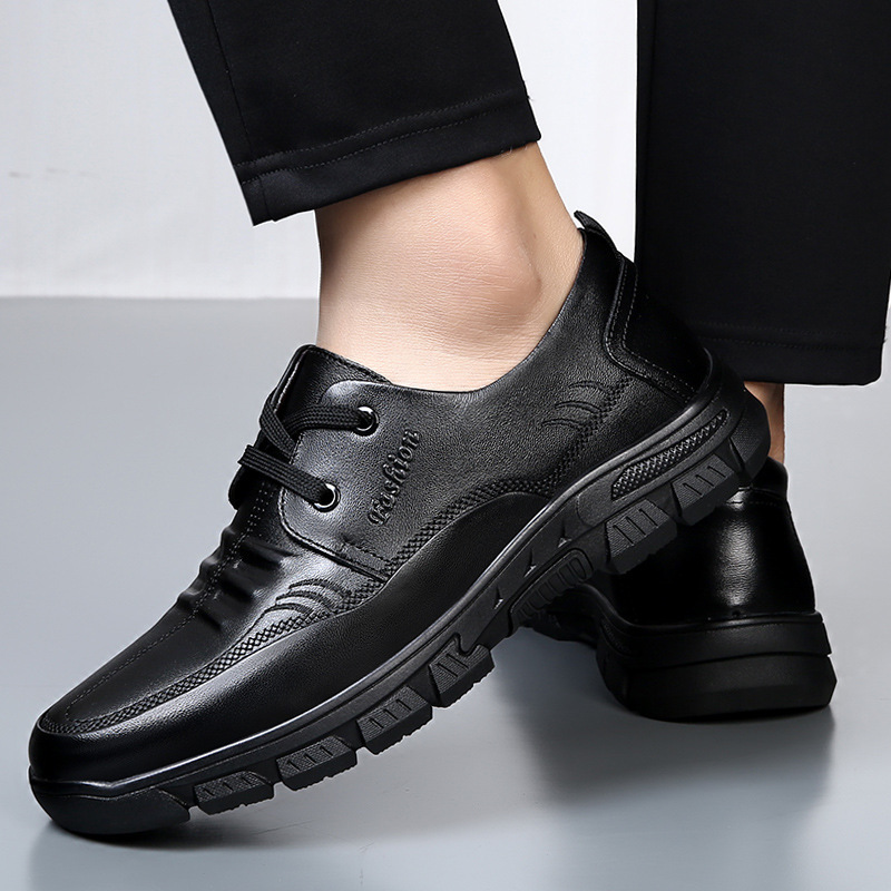 A man with leather shoes, a man with mid-life dad shoes, a man with a soft-sliding shoe.