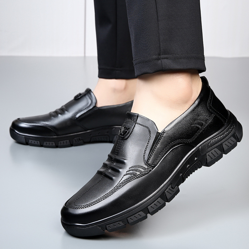 A man with leather shoes, a man with mid-life dad shoes, a man with a soft-sliding shoe.