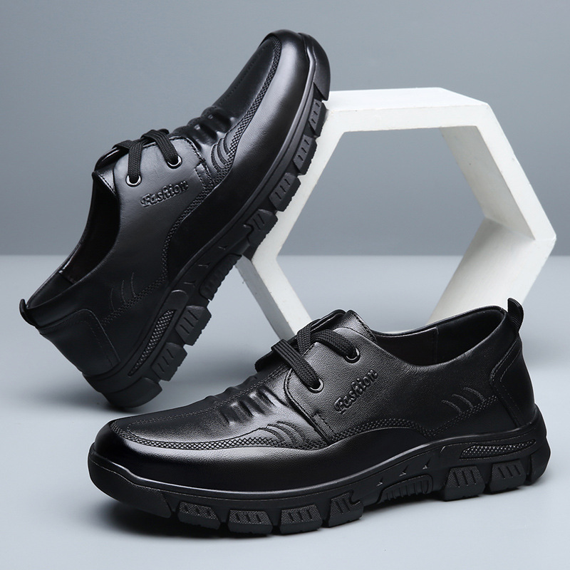 A man with leather shoes, a man with mid-life dad shoes, a man with a soft-sliding shoe.