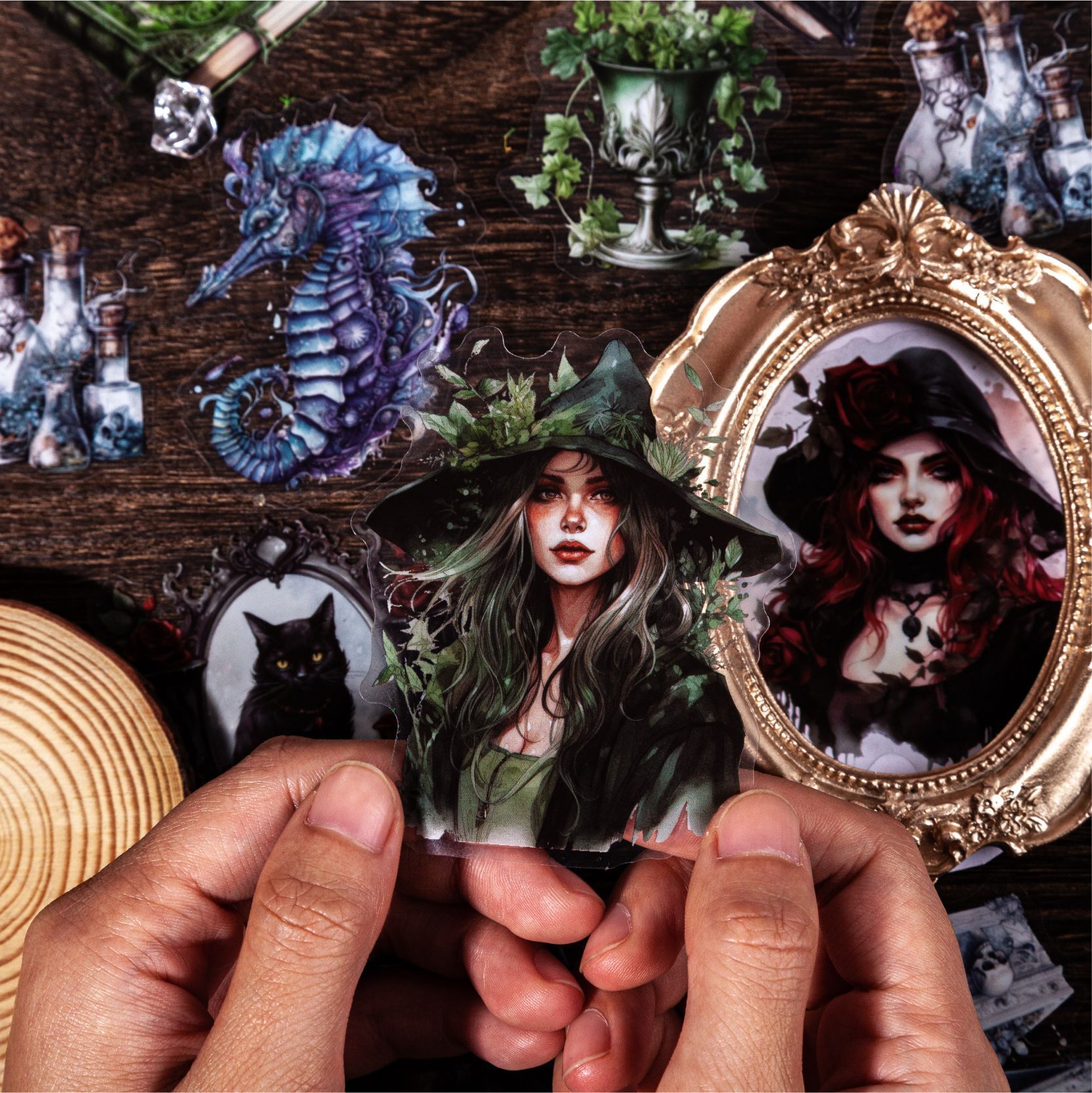 Câu chuyện của Retro, nhãn tán xạ không thấm nước, phong trào phù thủy Goth, trang trí cuốn sách hướng dẫn sử dụng.