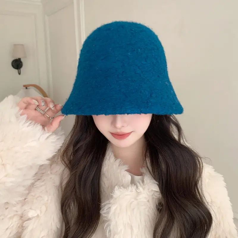韩版新款纯色羊绒混纺保暖水桶帽女日系秋冬百搭显脸小渔夫帽盆帽