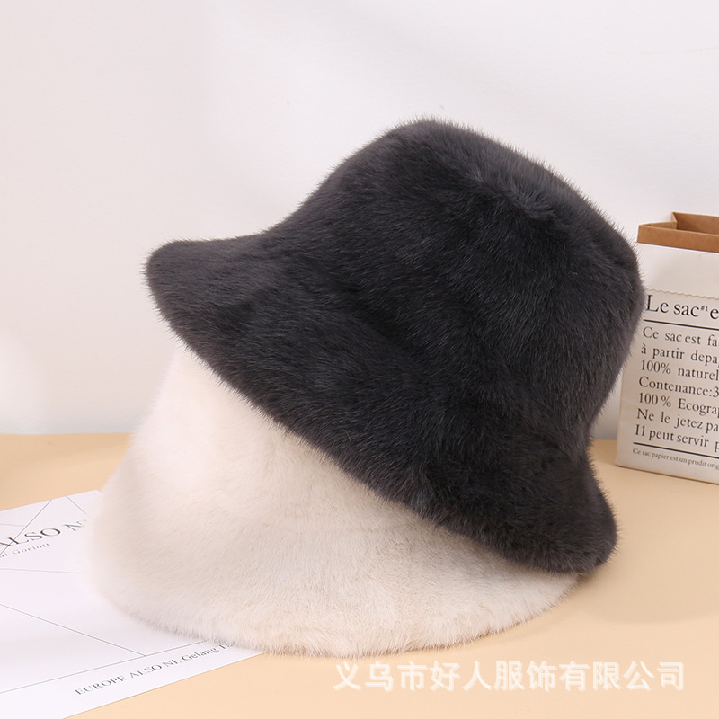 新款仿貂毛百搭保暖渔夫帽女秋冬厚款气质毛绒盆帽厚款纯色水桶帽