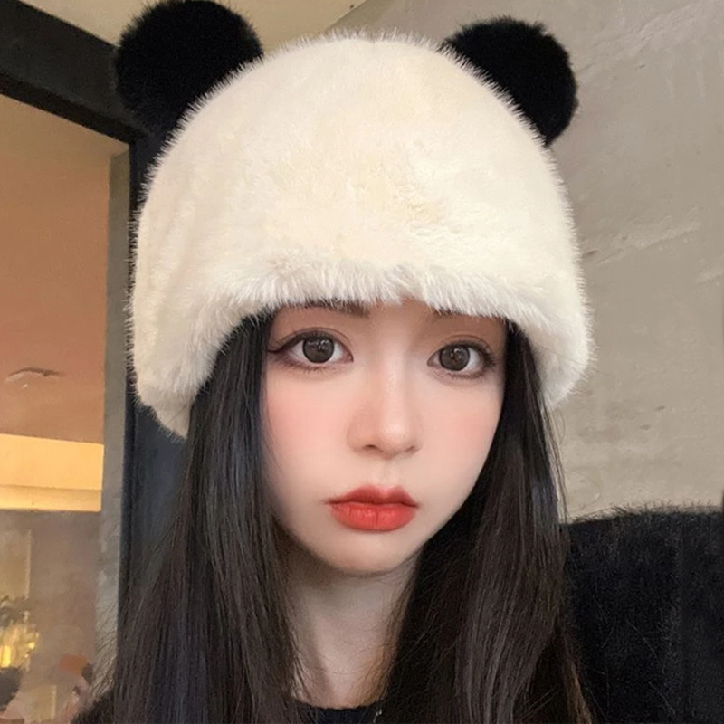 可爱小熊耳朵新款毛绒盆帽男女冬季加绒加厚保暖包头帽护耳帽子