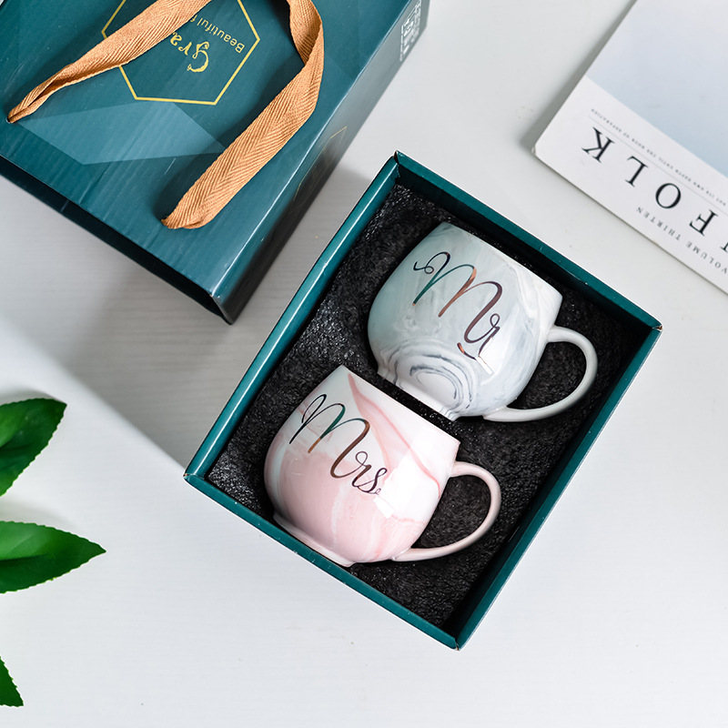 新款北歐風格大理石紋陶瓷杯套裝帶勺馬克杯批發印LOGO婚慶手伴禮