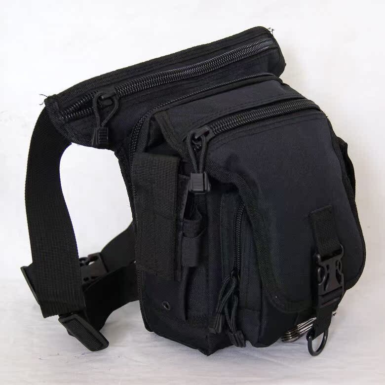 A multi-purpose sports man with a hip bag, an outdoor hiking and fishing leg bag, a colored tactical mobility kit.