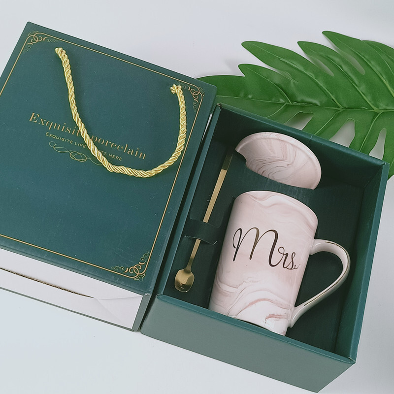 新品陶瓷杯禮盒套裝大理石紋馬克杯印LOGO廣告杯公司年會禮品批發