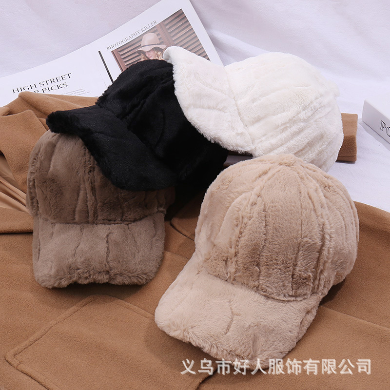 新款冬天户外加厚纯色休闲毛绒鸭舌帽女韩版冬季保暖兔毛棒球帽潮