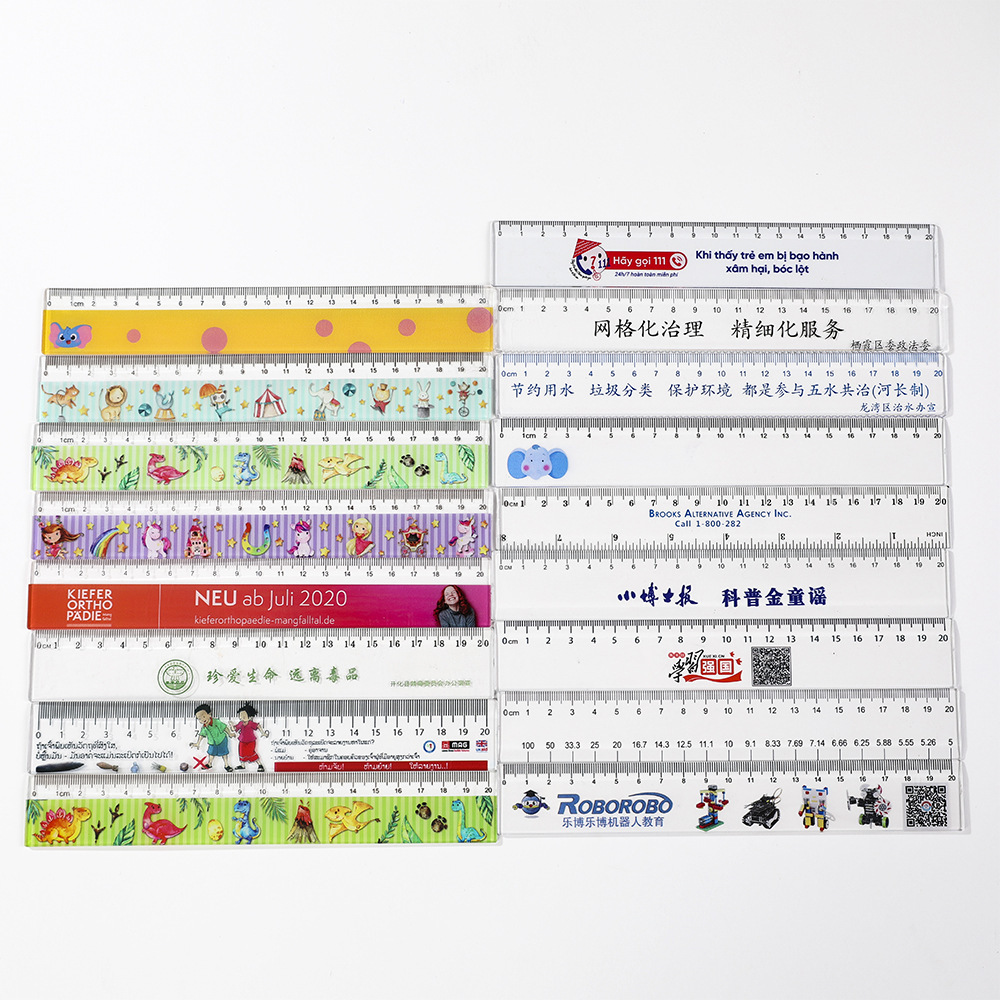 Custom, commercial ruler 20CM, transparent, straight-foot mapping art tool for the wholesale distribution of stationery by primary school students