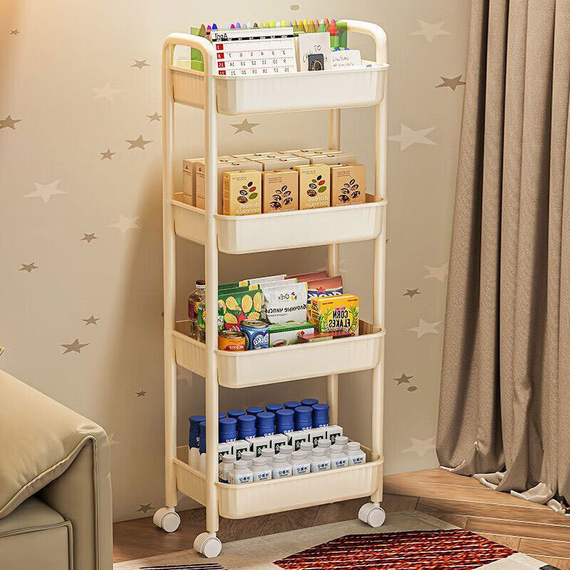 Chiếc xe tải nhựa dựng lên một tủ đồ ăn vặt đa tầng trong phòng tắm di động để lấy một ngăn đựng đồ ăn trái cây.
