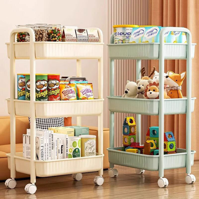 Chiếc xe tải nhựa dựng lên một tủ đồ ăn vặt đa tầng trong phòng tắm di động để lấy một ngăn đựng đồ ăn trái cây.
