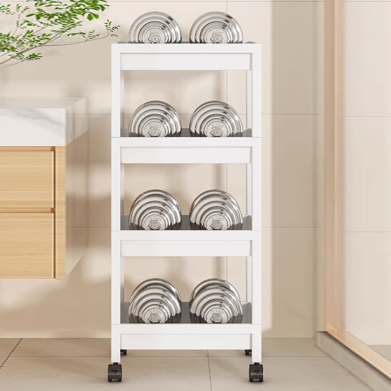 Một nhà vệ sinh được sắp xếp và một người đẩy nhỏ cho một kệ bếp nhà tắm có nhiều ngăn đựng đồ ăn vặt