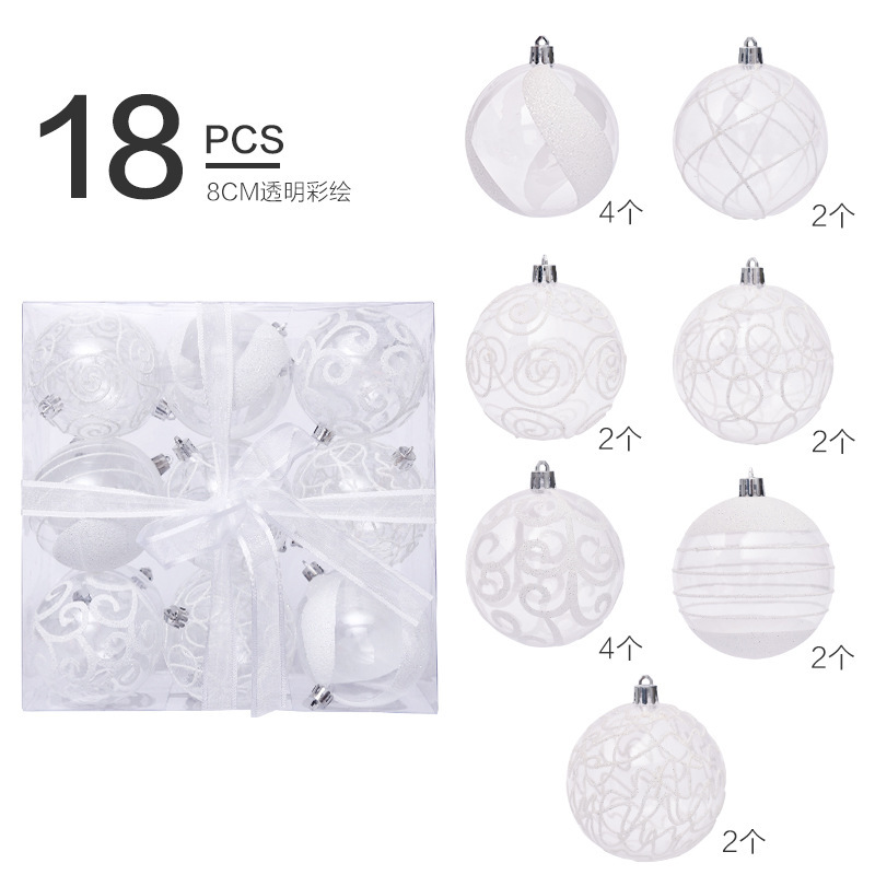 Christmas decorations, 8cm/18pcs, white-coloured PET ball, Christmas ball, Christmas tree hanging.