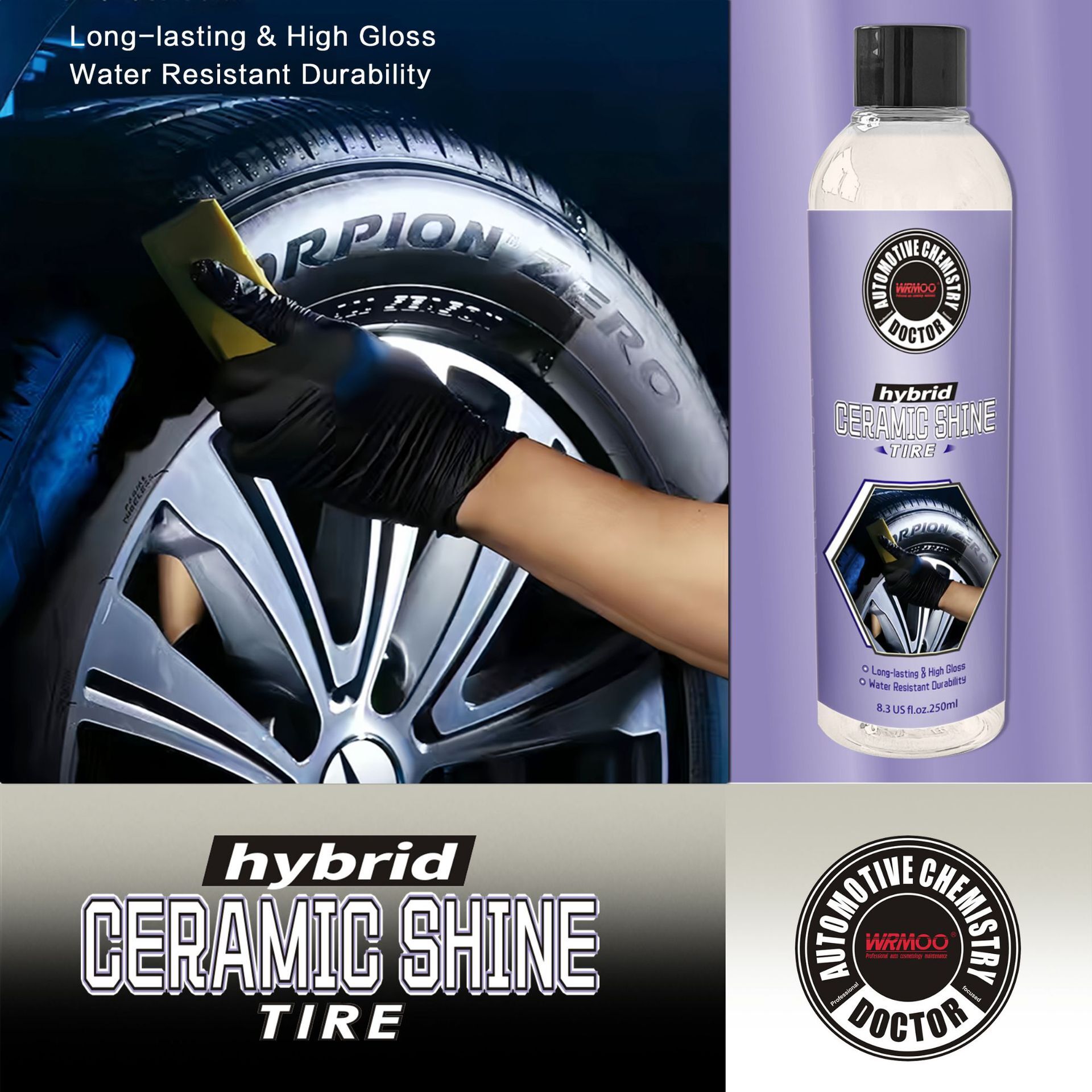 Permanent waterproofing of car tyre wax polish without blackening of car tires and sunproof anti-aging light protection