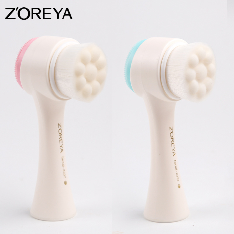 Zorja's two-sided clean-tip massage face-cleaner, hand-held soft-haired, silica-purified face-washing.