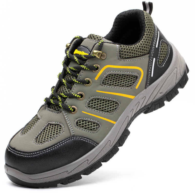 A man with a pair of shoes, a hot-stealed summer net, a work shoe that's protected against stabbing.
