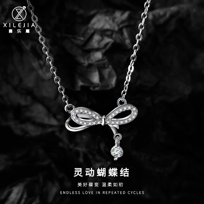 S925纯银蝴蝶结蝶梦项链女小众灵动结锁骨链送女友情人节礼物