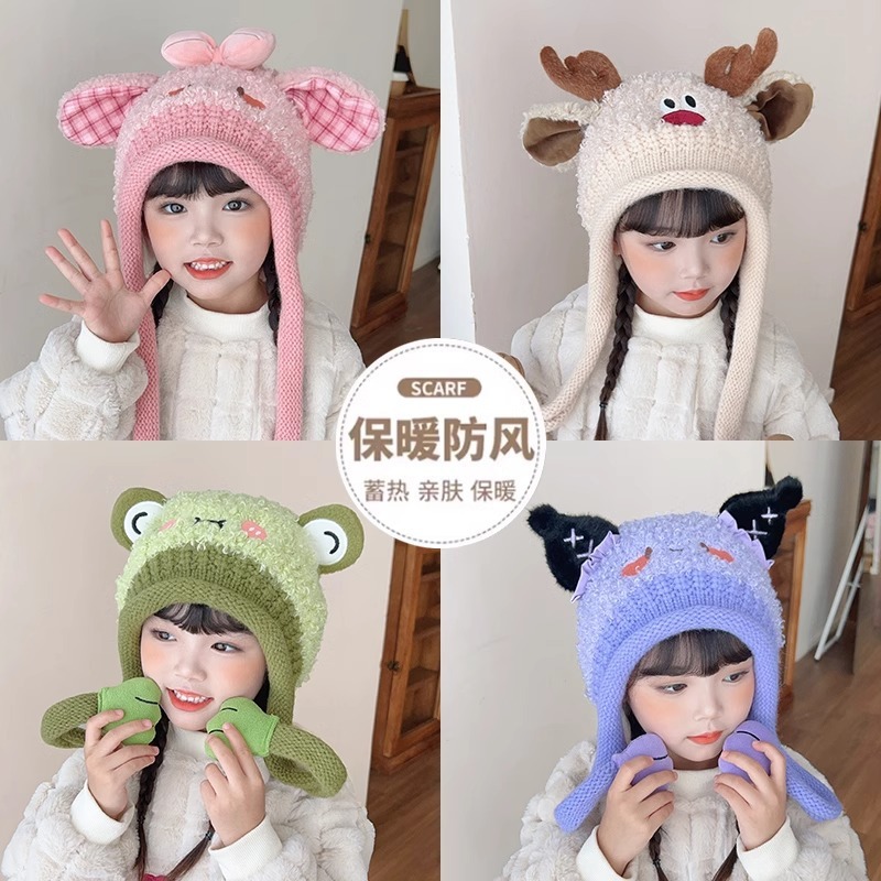 女童2024年新款帽子围巾一体保暖帽儿童毛绒护耳帽秋冬款针织帽子