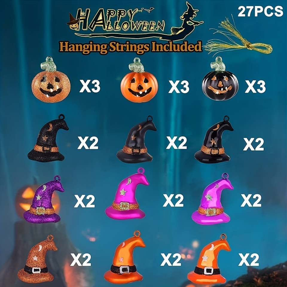 Twenty-seven Halloween tree decorations with pumpkin witch hats crammed indoors and outdoors on Halloween trees.