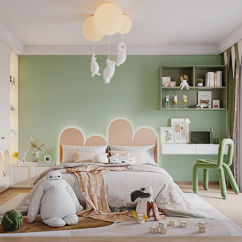 Nhà máy giấy dán tường đã bao bọc một phòng ngủ đầy đủ, không xếp, hiện đại, xanh lá cây cho trẻ em.
