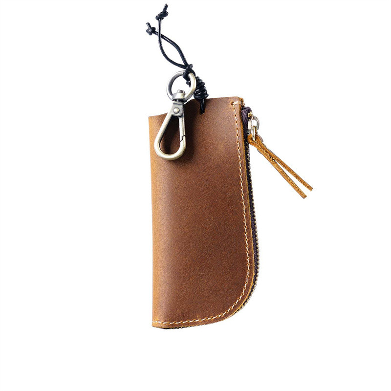 Crazy horse-skin leisure zipper key bag with a real-headed bull-skin pocket car multi-purpose key button.