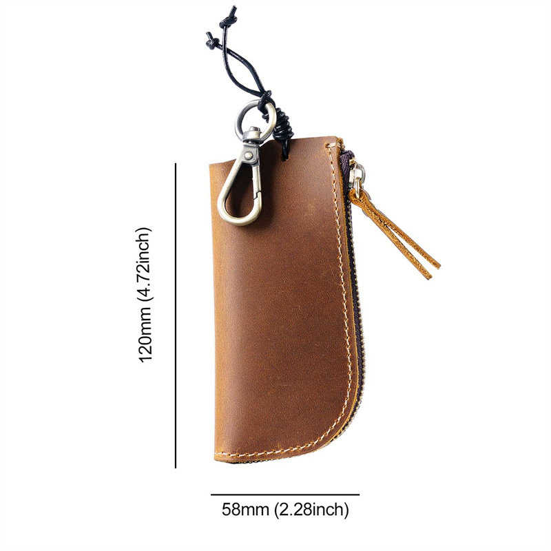 Crazy horse-skin leisure zipper key bag with a real-headed bull-skin pocket car multi-purpose key button.