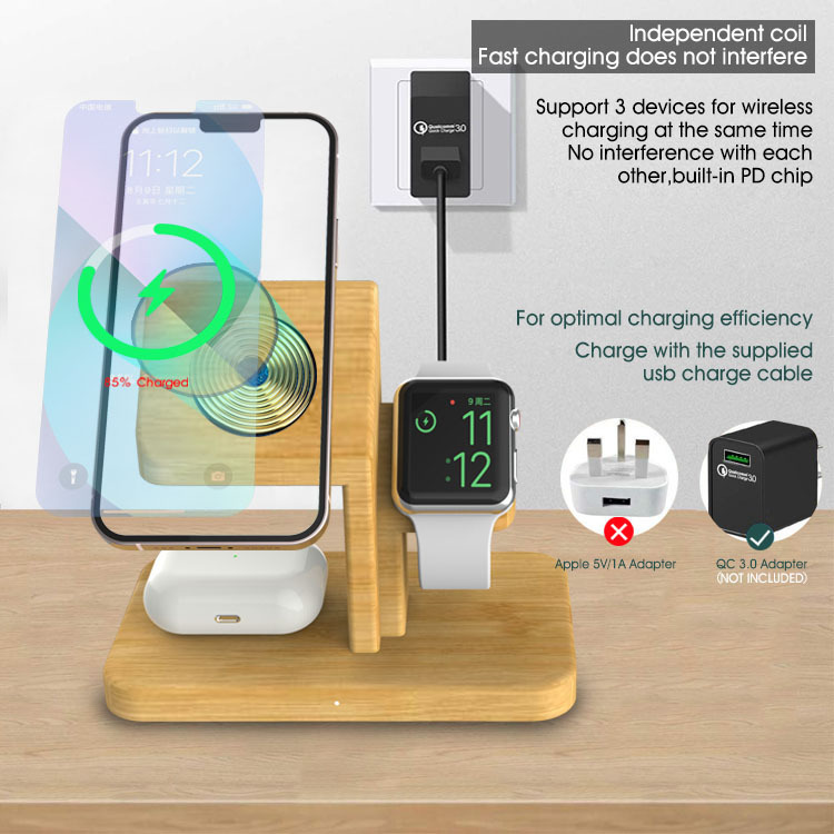 Three pairs of bamboo on a desktop wireless loader compatible with Magsafe's Airpods headphone watch watch.