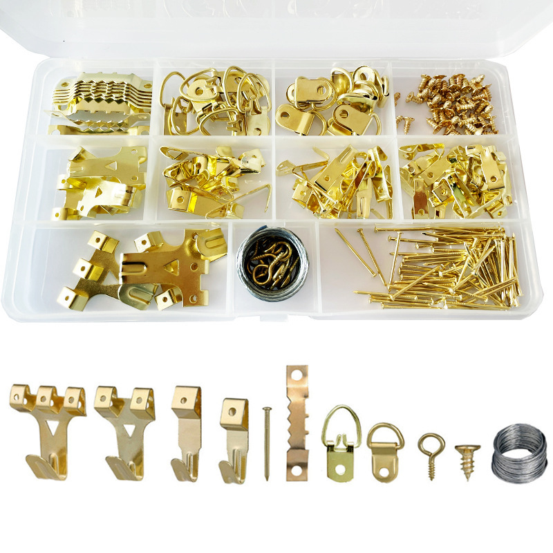 203 gold thin box frames attached to the wall, frame of gold fittings nailed to hooks without scratch